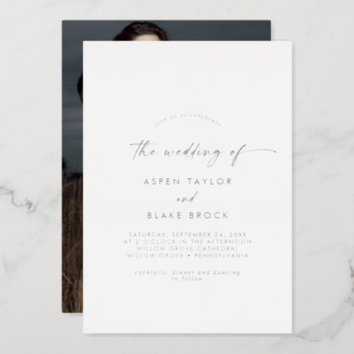 Modern Silver Foil Script Photo Wedding Foil Invitation