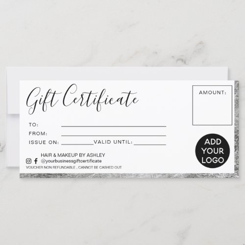 Modern silver foil simple gift certificate logo