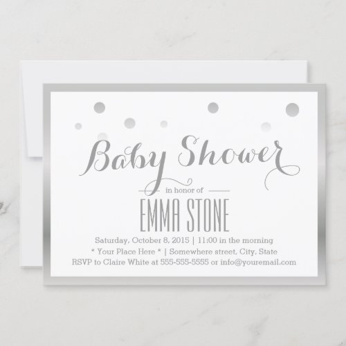 Chic Silver Border Confetti Dots Baby Shower 5x7 Paper Invitation Card