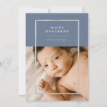 Modern Silver Frame Hanukkah Photo Blue Holiday Card<br><div class="desc">Elegant faux silver foil frame,  Happy Hanukkah Holiday photo card. Features,  single photo on front and two photo template spaces on back of card with coordinating blue color backgrounds.</div>
