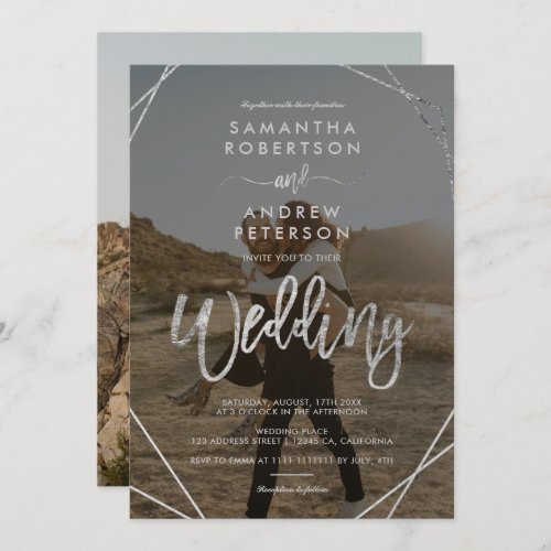 Modern silver frame simple photo script wedding invitation
