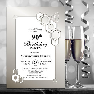 Modern Silver Geometric 90th Birthday Party Invitation