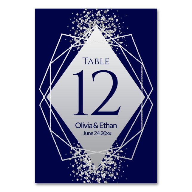 Modern Silver Geometric on Navy Table Number (Front)