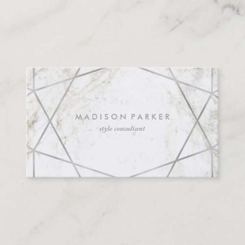 Modern Silver Geometric on White Marble Business Card