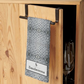 Modern Silver Geometric Pattern Monogram  Kitchen Towel by CatsEyeViewGifts at Zazzle