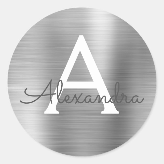 Modern Silver Girly Metallic Monogram Classic Round Sticker (Front)