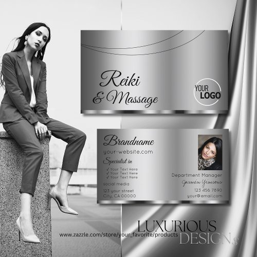 Modern Silver Glamorous with Logo and Photo Business Card