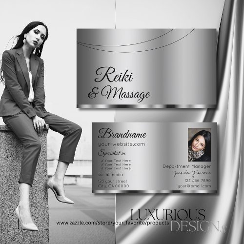 Modern Silver Glamorous with Photo Professional Business Card