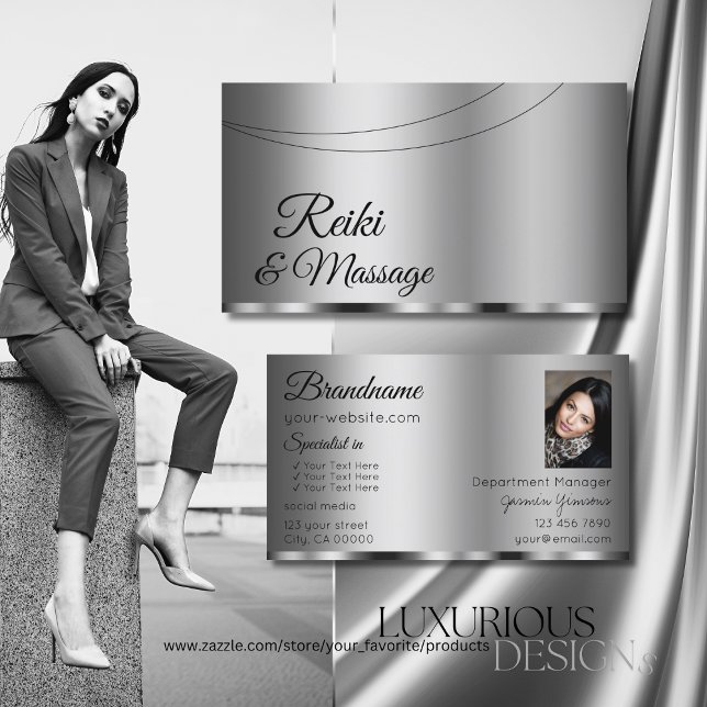 Modern Silver Glamorous with Photo Professional Business Card (Creator Uploaded)