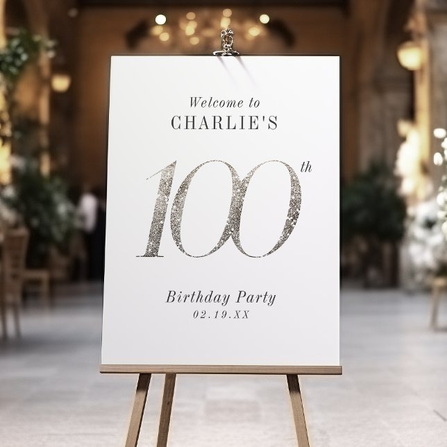 Modern silver glitter 100th birthday welcome Sign (Modern silver glitter 100th birthday welcome Sign)