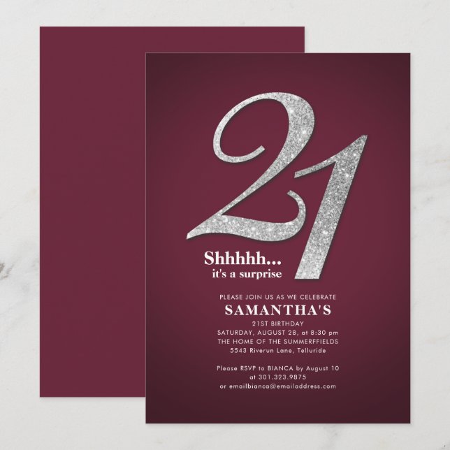 Modern Silver Glitter 21st Surprise Birthday Invitation (Front/Back)
