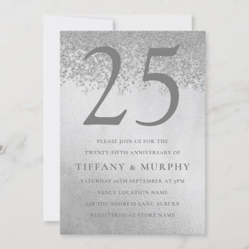 Modern Silver Glitter 25th Wedding Anniversary Invitation | Zazzle