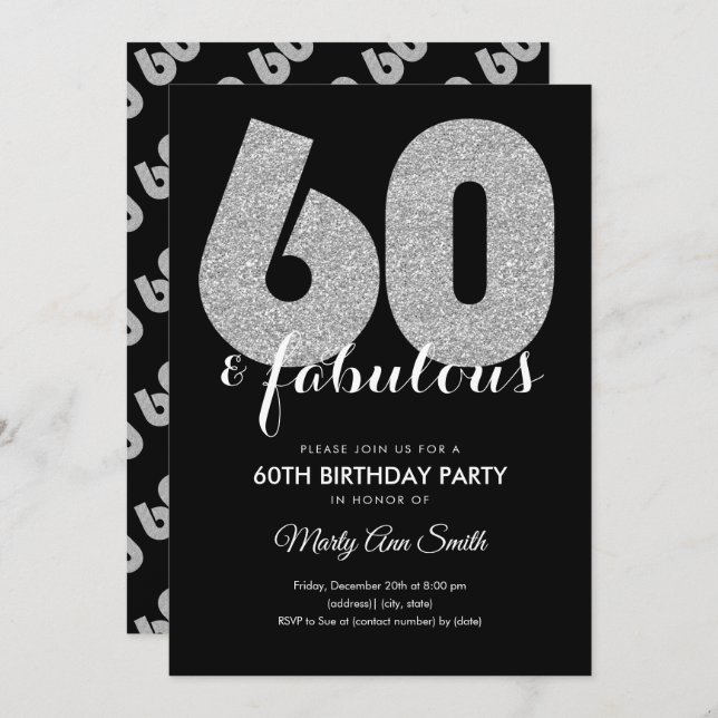 Modern Silver Glitter 60 & Fabulous Birthday Party Invitation (Front/Back)