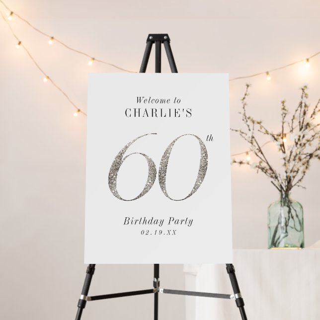 Modern silver glitter 60th birthday welcome Sign (In Situ (Stand))