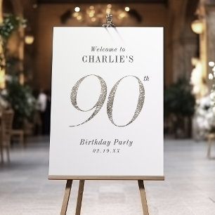 Modern silver glitter 90th birthday welcome Sign