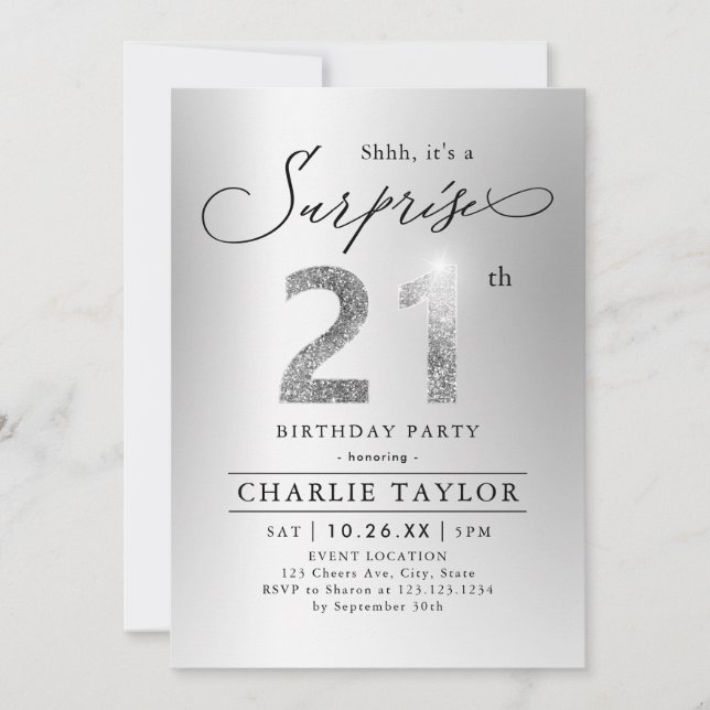 Modern silver glitter adult surprise 21st birthday invitation (Front)