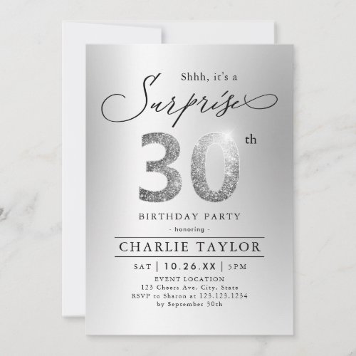Modern silver glitter adult surprise 30th birthday invitation