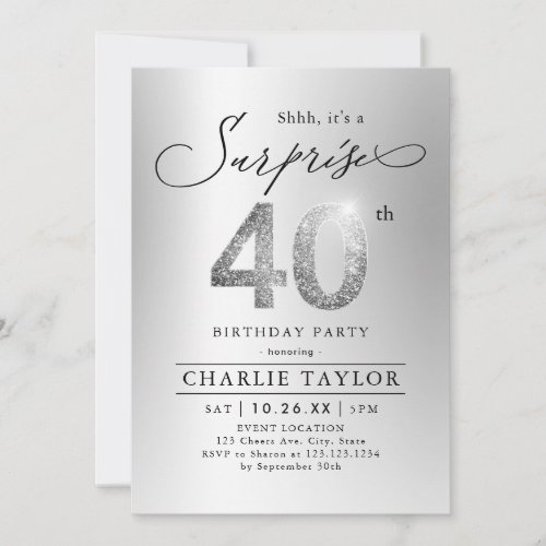 Modern silver glitter adult surprise 40th birthday invitation