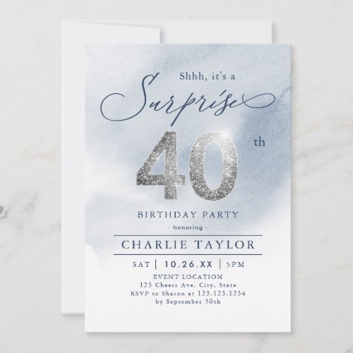 Modern silver glitter adult surprise 40th birthday invitation