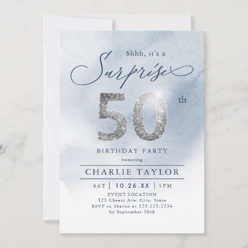 Modern silver glitter adult surprise 50th birthday invitation