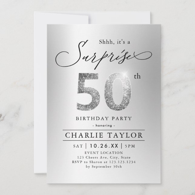Modern silver glitter adult surprise 50th birthday invitation (Front)