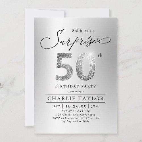 Modern silver glitter adult surprise 50th birthday invitation