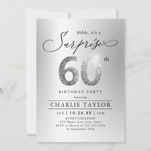 Modern silver glitter adult surprise 60th birthday invitation