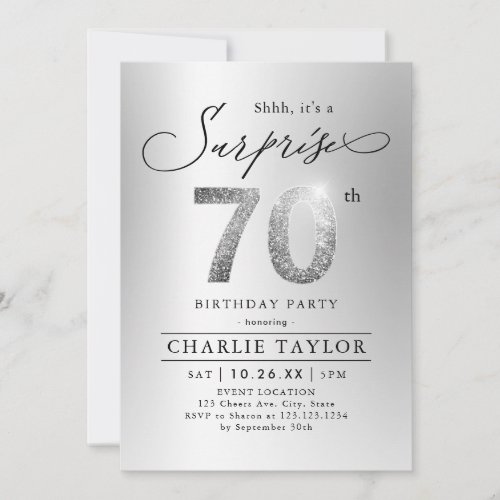 Modern silver glitter adult surprise 70th birthday invitation