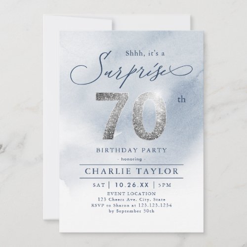 Modern silver glitter adult surprise 70th birthday invitation