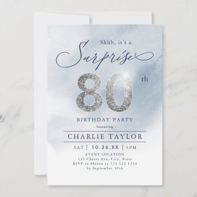 Modern silver glitter adult surprise 80th birthday invitation (Front)
