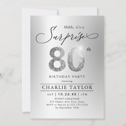 Modern silver glitter adult surprise 80th birthday invitation