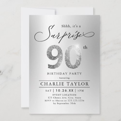 Modern silver glitter adult surprise 90th birthday invitation