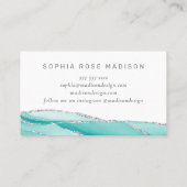 Modern Silver Glitter Agate Teal Mint Watercolor Business Card (Back)