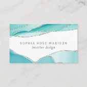 Modern Silver Glitter Agate Teal Mint Watercolor Business Card (Front)