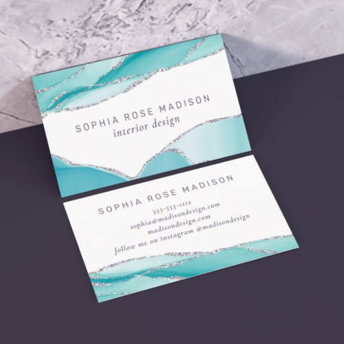 Modern Silver Glitter Agate Teal Mint Watercolor Business Card
