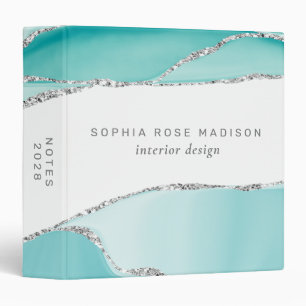 Modern Silver Glitter Agate Teal Watercolor 3 Ring Binder