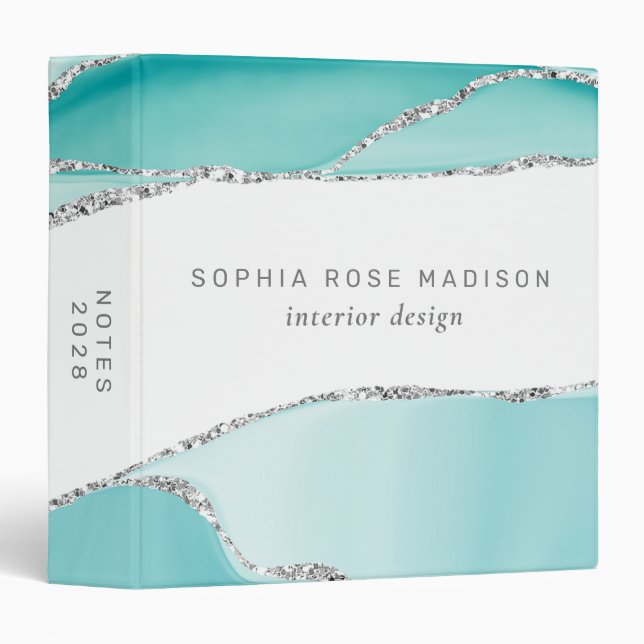 Modern Silver Glitter Agate Teal Watercolor 3 Ring Binder (Front/Spine)