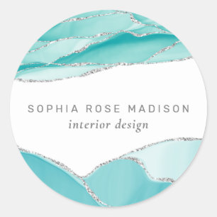 Modern Silver Glitter Agate Teal Watercolor Classic Round Sticker