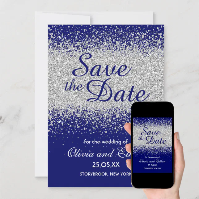 Modern Silver Glitter and Royal Blue Save The Date | Zazzle