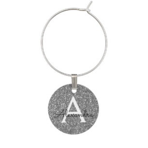 Modern Silver Glitter and Sparkle Monogram Wine Charm