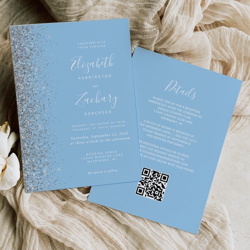 Modern Silver Glitter Baby Blue QR Code Wedding Invitation