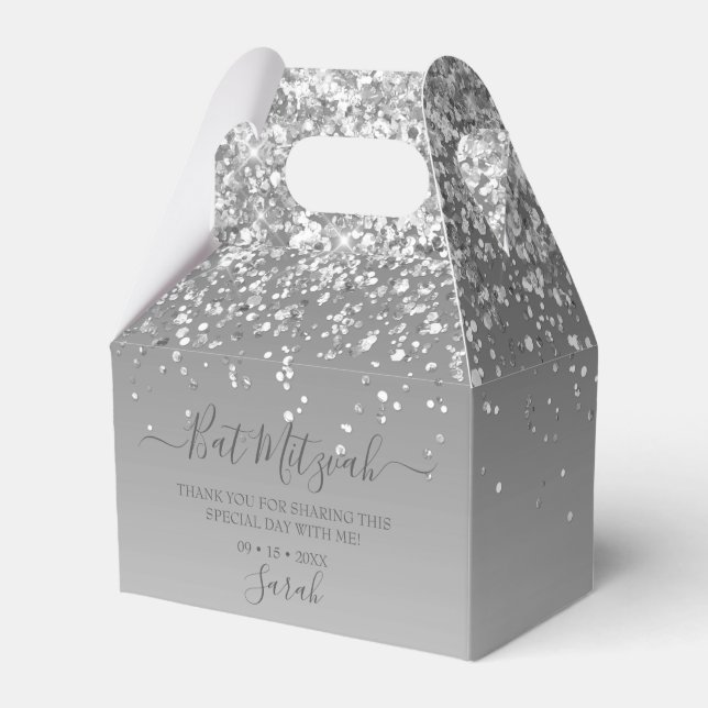 Modern Silver Glitter Bat Mitzvah Favor Boxes (Front Side)