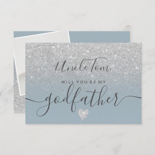 Modern silver glitter be my godfather baptism invitation