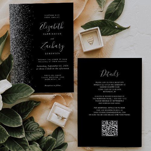 Modern Silver Glitter Black QR Code Wedding Invitation