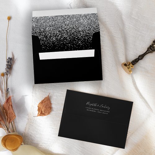 Modern Silver Glitter Black Wedding Envelope