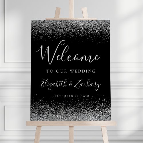Modern Silver Glitter Black Wedding Welcome Foam Board