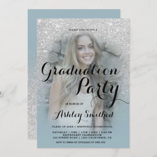 Modern silver glitter blue ombre photo graduation invitation