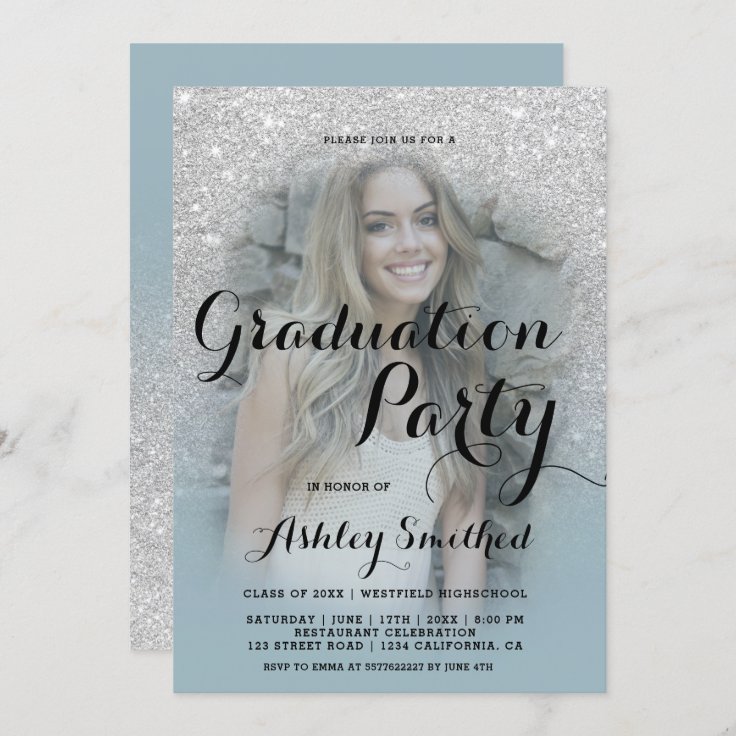 Modern Silver Glitter Blue Ombre Photo Graduation Invitation | Zazzle