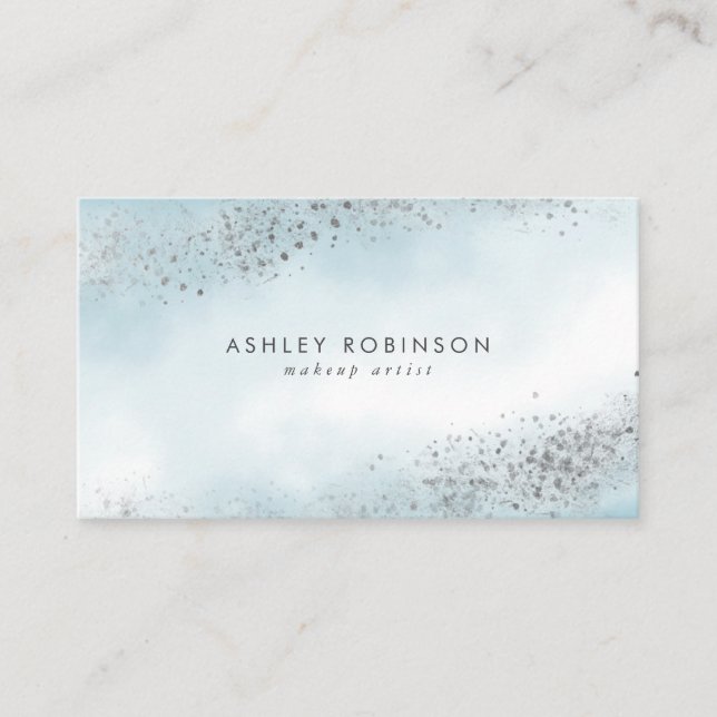 Modern Silver Glitter Blue Ombre Watercolor Business Card (Front)