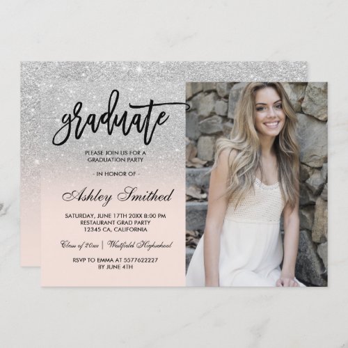 Modern silver glitter blush graduate typography invitation